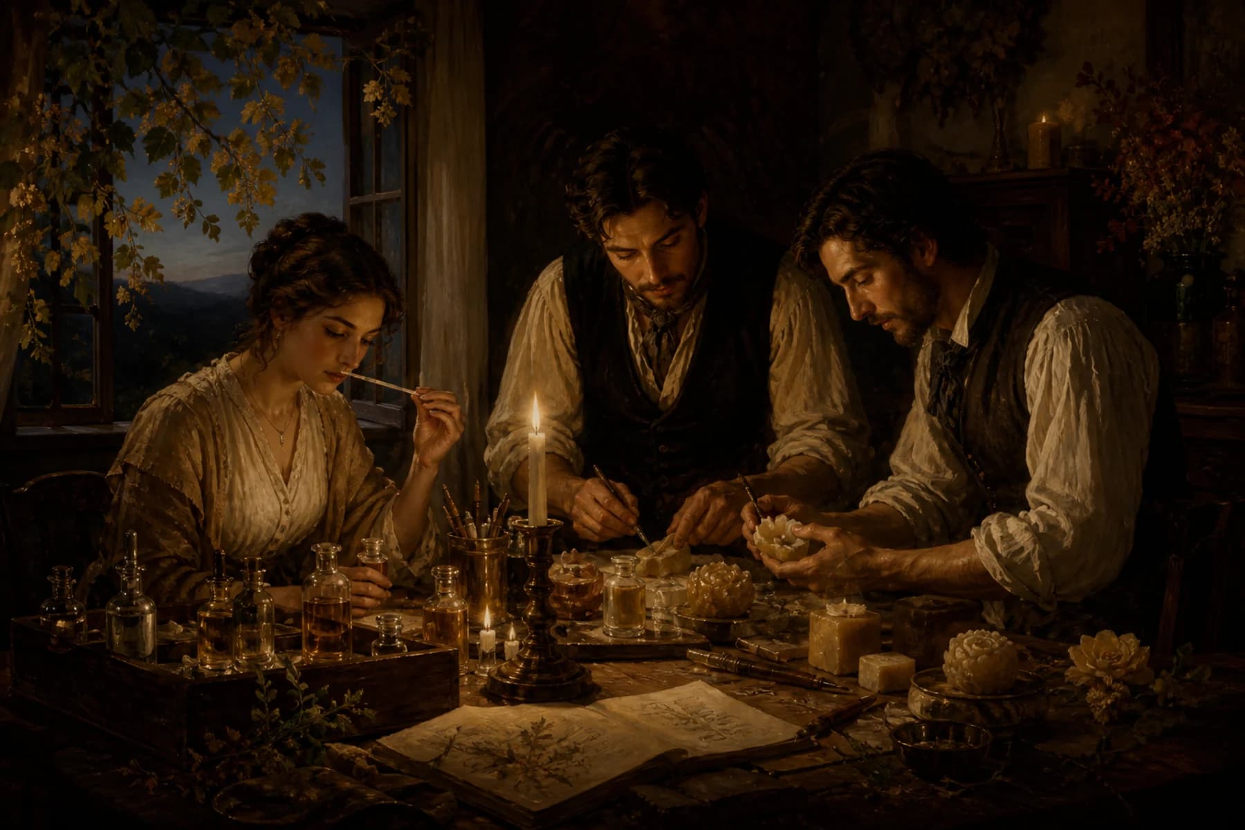 Ilustrație simbolistă a legendei imaginare Valvienne, cu artizani francezi și români într-un atelier de conac